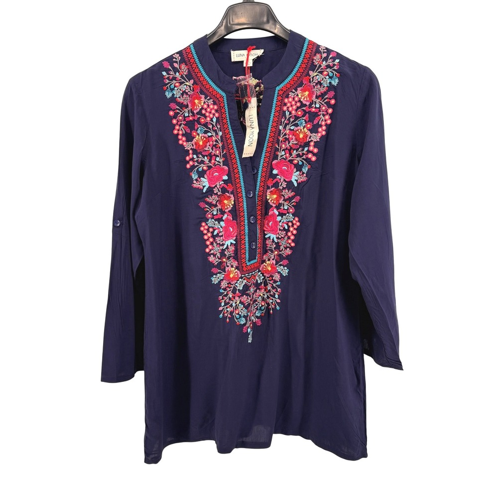 NEW Anthropologie Luna Moon Tunic Womens XL Top Blue Floral Embroidered Bohemian